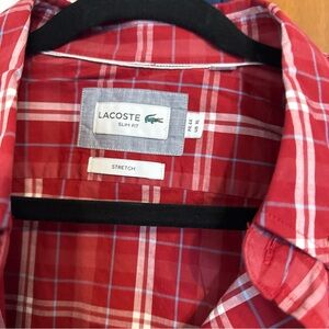 Lacoste Men's Red and White Plaid Button Down Shirt XL Slim
